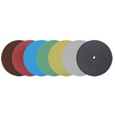 five different colored discs on a white background