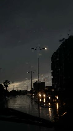 cars driving down the road at night in the rain with street lights and palm trees