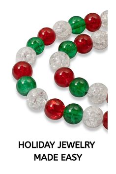 the holiday jewelry made easy is shown with red, white and green beads on it