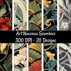 art nouveau seamless patterns with flowers and leaves