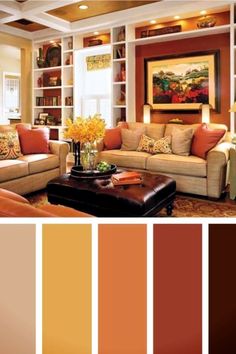 a living room filled with furniture and lots of orange color scheme for the walls in the room