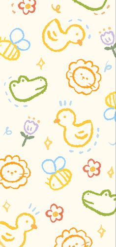 an image of children's wallpaper with animals and flowers on it in pastel colors