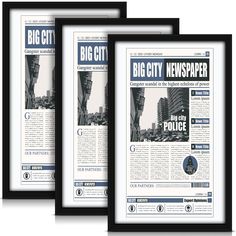 three framed newspapers with black frames on them