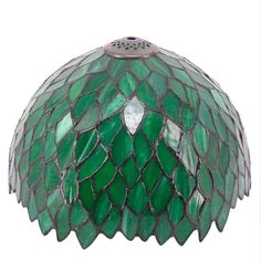 a green stained glass lamp hanging from the ceiling