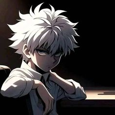 an anime character with white hair and glasses sitting in front of a desk, staring at the camera