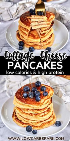 pancakes stacked on top of each other with blueberries and syrup