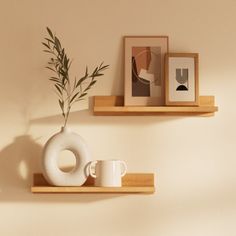 two wooden shelves with vases and pictures on them, one has a plant in it