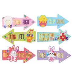 an assortment of wooden signs with bunny, sheep and easter designs on them that say turn left, egg this way, hop this way, keep going