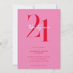 a pink 21st birthday party card with the number one on it