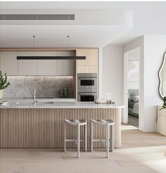 Japandi Kitchen, Aesthetic Apartment, Wood Slat Wall, Sleek Kitchen, Kitchen Benches, New Farm, Contemporary Kitchen