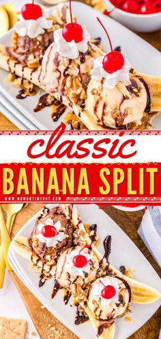 Classic Banana Split, desserts, sweet treats Banana Split Dessert Ice Cream, Ice Cream Sauces, Ice Cream Sundae Recipe, Banana Split Dessert Recipes, Banana Split Recipes, Banana Sundae, Cream Sauces, Banana Split Ice Cream