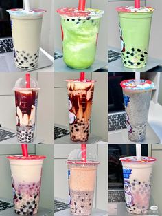 six different types of bubble teas are shown in multiple pictures, each with their own drink