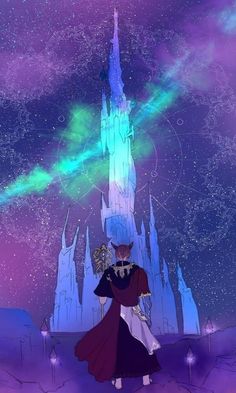 an animated image of a woman standing in front of a castle with aurora and the stars above