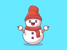 a cartoon snowman wearing a red hat and scarf, with one hand in the air