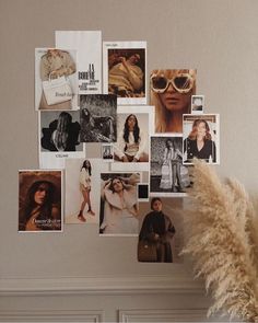 a bunch of pictures are hanging on the wall above a vase filled with flowers and feathers