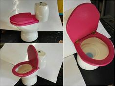 four pictures of a toilet with the lid up