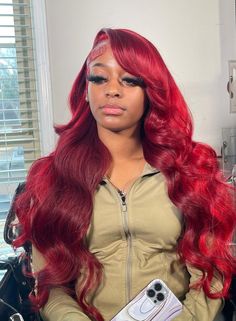 KhalenaLV Red Wig, Wig Styling, Quick Weave Hairstyles, Frontal Hairstyles, Dope Hairstyles, Colored Wigs, Hair Ponytail Styles