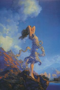 a painting of a woman standing on top of a rock next to the ocean with her hair blowing in the wind