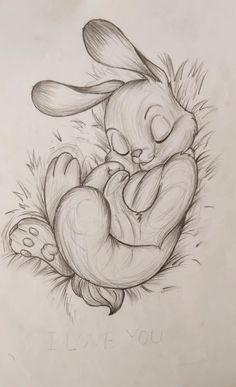 a pencil drawing of a bunny sleeping in the grass with its head on it's back