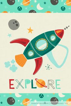 an illustration of a rocket with the word explore written on it