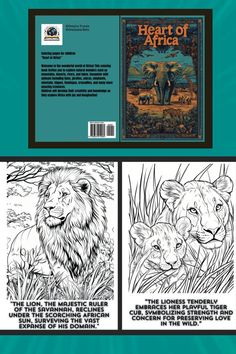 the front and back cover of an adult coloring book, with illustrations of lions on it