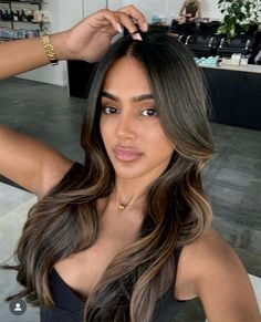 Brunette Hair On Asians, Winter Dark Brown Hair, Barely There Highlights Dark Hair, Brown Balayage On Black Hair Indian, Hairstyles For Matric Ball, Brown Skin Highlights Hair, Brown Highlights On Dark Skin, Bronde Caramel Balayage, Balyage Long Hair Brunettes Carmel