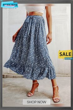 Women's Printed Ruffled Chiffon and Sweet Long Skirt Flowy Casual Skirt With Ruffle Hem, Casual Flowy Skirt With Ruffle Hem, Spring Flowy Ruffle Skirt, Spring Flowy Ruffled Skirt, Flowy Ruffled Skirt For Spring, Chiffon Tiered Maxi Skirt With Floral Print, Summer Maxi Skirt With Ruffle Hem For Brunch, Summer Ruffle Hem Midi Skirt, Summer Brunch Maxi Skirt With Ruffle Hem