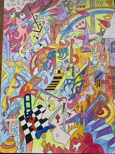 a drawing with many different colored shapes and lines on the bottom right side of it