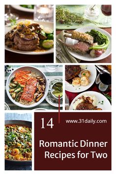 four different pictures with the words romantic dinner recipes for two