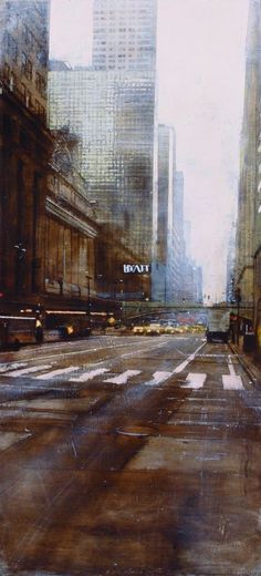 an oil painting of a city street with tall buildings in the background and cars driving down it