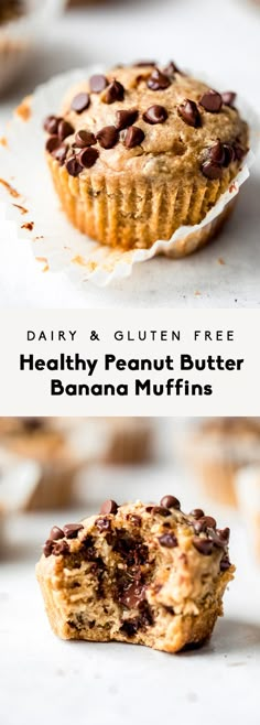 healthy peanut butter banana muffins with chocolate chips on top and the title reads dairy & gluten free healthy peanut butter banana muffins