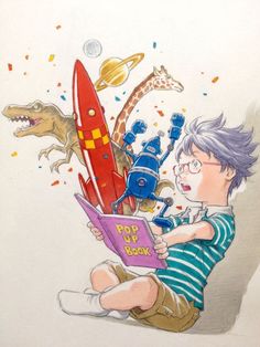 a boy sitting on the ground reading a book with dinosaurs and rockets flying around him