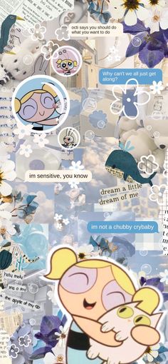 a collage of cartoon characters with flowers and words on them, all in different colors