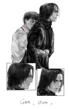 some drawings of two people and one is looking at something in the other direction, while another person has his arm around him