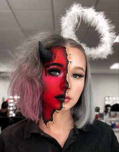 Half And Half Makeup Halloween, Halloween Makeup Contacts, Half Makeup Face Halloween, Half And Half Halloween Makeup, Half Angel Half Devil Makeup, Pretty Devil Makeup, Half Angel Half Demon Costume, Cool Halloween Makeup Pretty, Halloween Make Up Ideas Creative