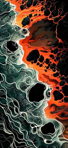 an abstract painting with black and orange colors on the water, rocks and sand in the background