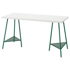 a white table with green metal legs