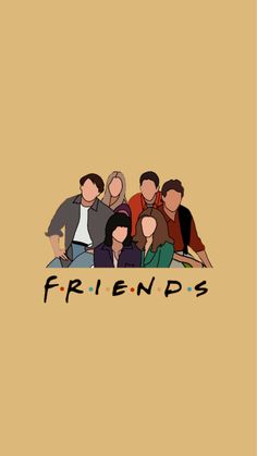 the friends are sitting together in front of a brown background with black lettering on it