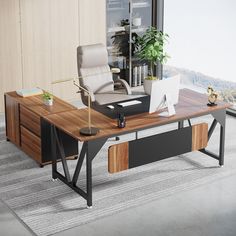 an office desk with a chair and laptop on it, in front of a window