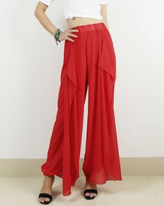 * Beautiful pearl chiffon pants, very comfortable to wear, not easy to get wrinkled, very easy to take care of. * Add an asymmetric layer on the front, very unique and beautiful. * Material: outer-pearl chiffon, lining-100% polyester Custom made to fit, lead time is 6-8 days; Let us know your usual size in your country and your overall height. If you have some specific request or special characters such as broad shoulder, long arms, long waist, etc you think we need pay attention to when making, Red Non-stretch Summer Pants, Red Non-stretch Spring Harem Pants, Red Wide Leg Pants With Elastic Waistband, Summer Party Wide Leg Full Length Pants, Wide Leg Pants For Summer Party, Red Wide Leg Pants For Summer, Stretch Red Harem Pants, Red Stretch Harem Pants, Red High Waist Wide Leg Summer Pants