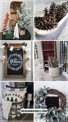 christmas decorations and pine cones are featured in this collage