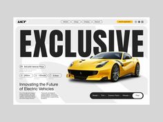 the front page of a website with an image of a yellow sports car