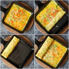 four images show how to make an omelet in a cast iron skillet