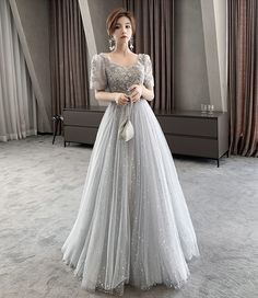 Gaun Tulle, Grey Prom Dress, Prom Dress Evening, A Line Evening Dress, Dress Idea, Long Prom Dresses, Bridesmaids Dress, A Line Prom Dresses, Tulle Prom Dress