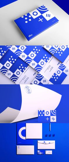 the blue and white stationery is laid out on top of each other, with different designs