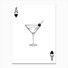 a card with a martini in the middle and two hearts on it, as well as an ace playing card