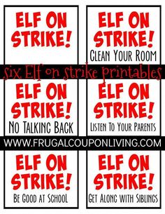 four red signs with words that say eff on strike, clean your room, elf on