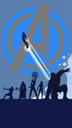 the avengers movie poster is shown in blue and gray colors with silhouettes of superheros