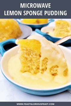 a close up of a piece of cake on a plate with lemon pudding in the background