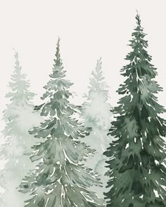 watercolor painting of pine trees in the snow